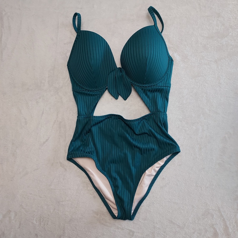 Shade & Shore Dark Teal Ribbed Cutout One Piece Swimsuit 34 DD Underwire Suit